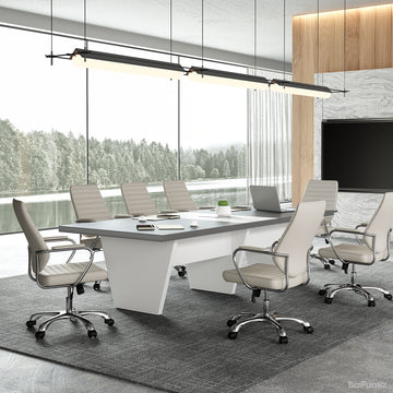 8-person white & grey conference table with ergonomic office chairs