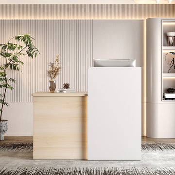 Modern reception desk with decorative elements in a stylish interior setting
