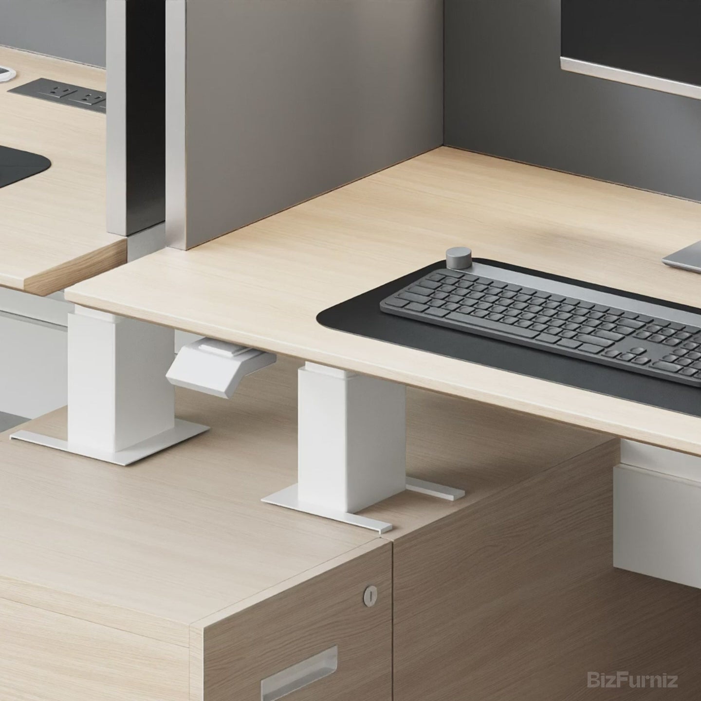 Video showing Modern Ergonomic Sit-to-Stand Office Desk with Integrated Storage and Central Privacy Screens