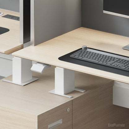 Video showing Modern Ergonomic Sit-to-Stand Office Desk with Integrated Storage and Central Privacy Screens
