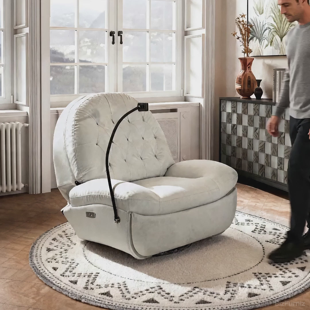 Video showing Luxury Cream Suede Recliner Chair with Phone Holder, Footrest, and USB Port