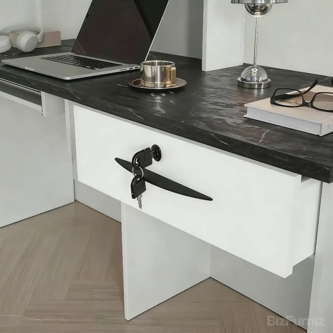 Video showing 71" Modern Reception Desk with Counter, Open Shelving and Lockable Drawer