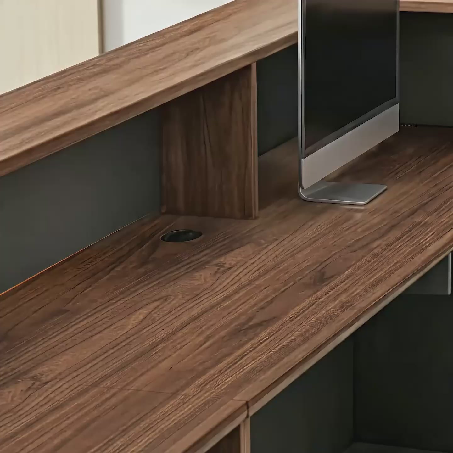 Video showing Modern Reception Desk with Counter, Cable Grommet and Cabinets