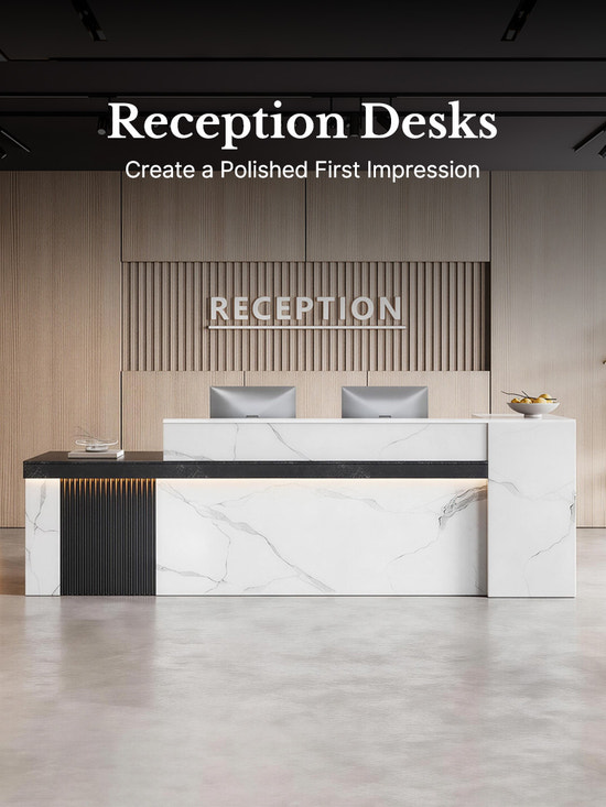 reception area with a black-and-white reception desk