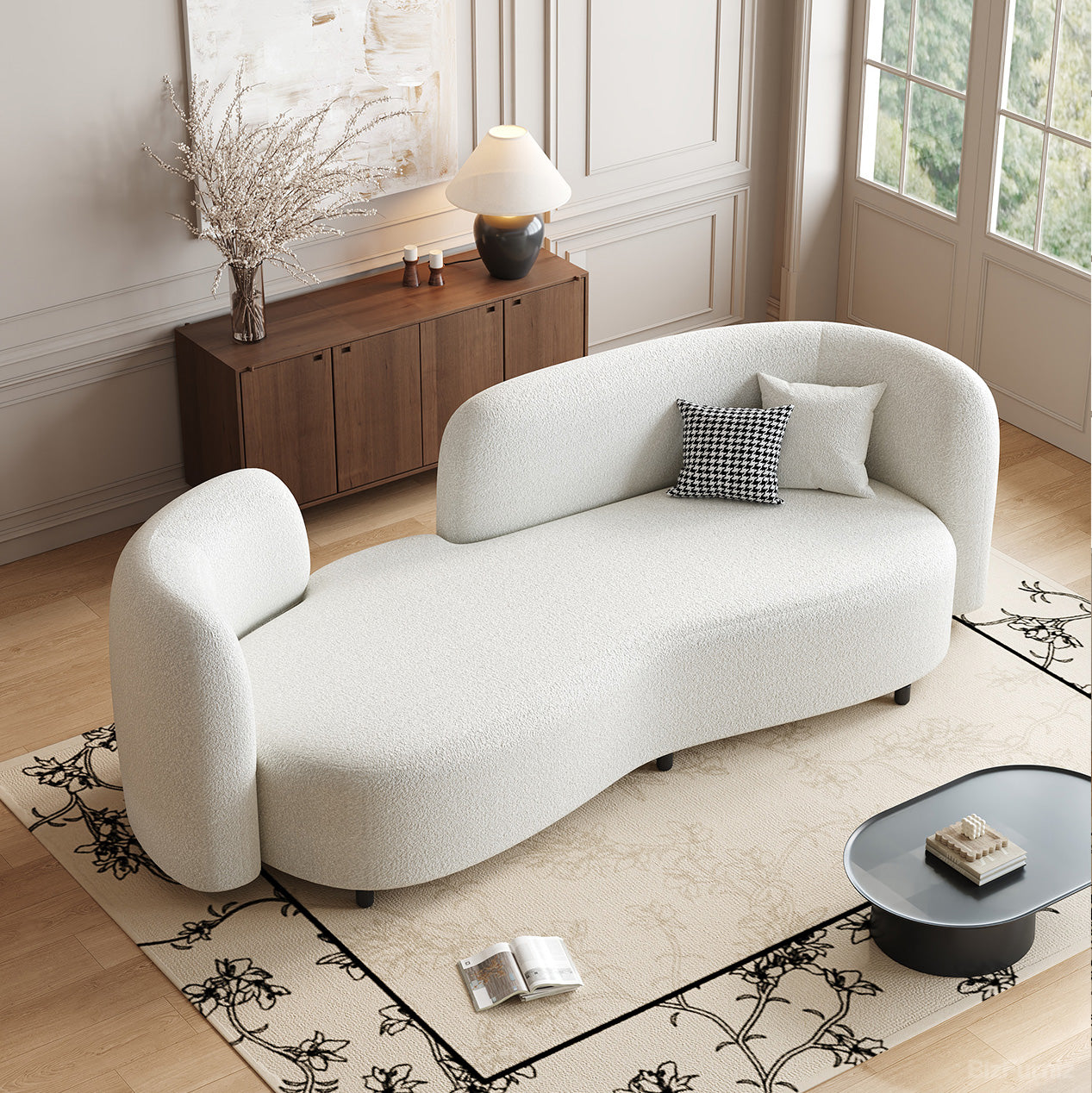 70" Curve Sofa with Sherpa Upholstery, Foam Cushion and Wood Frame for modern office workspace
