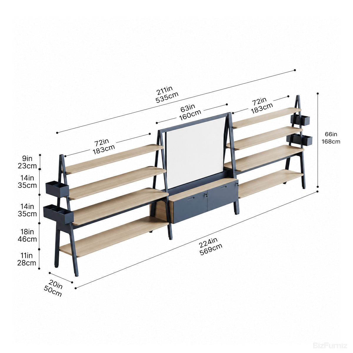224" 4-Tier Storage Rack with Open Shelving, drawers & Integrated Whiteboard photo 5